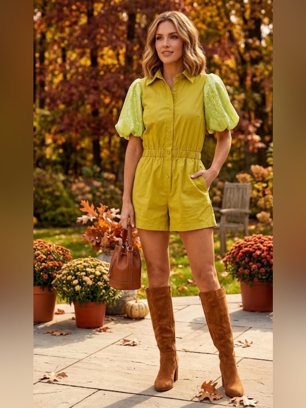 New! QUEEN OF SPARKLES Chartreuse Sequin Poof Sleeve Romper